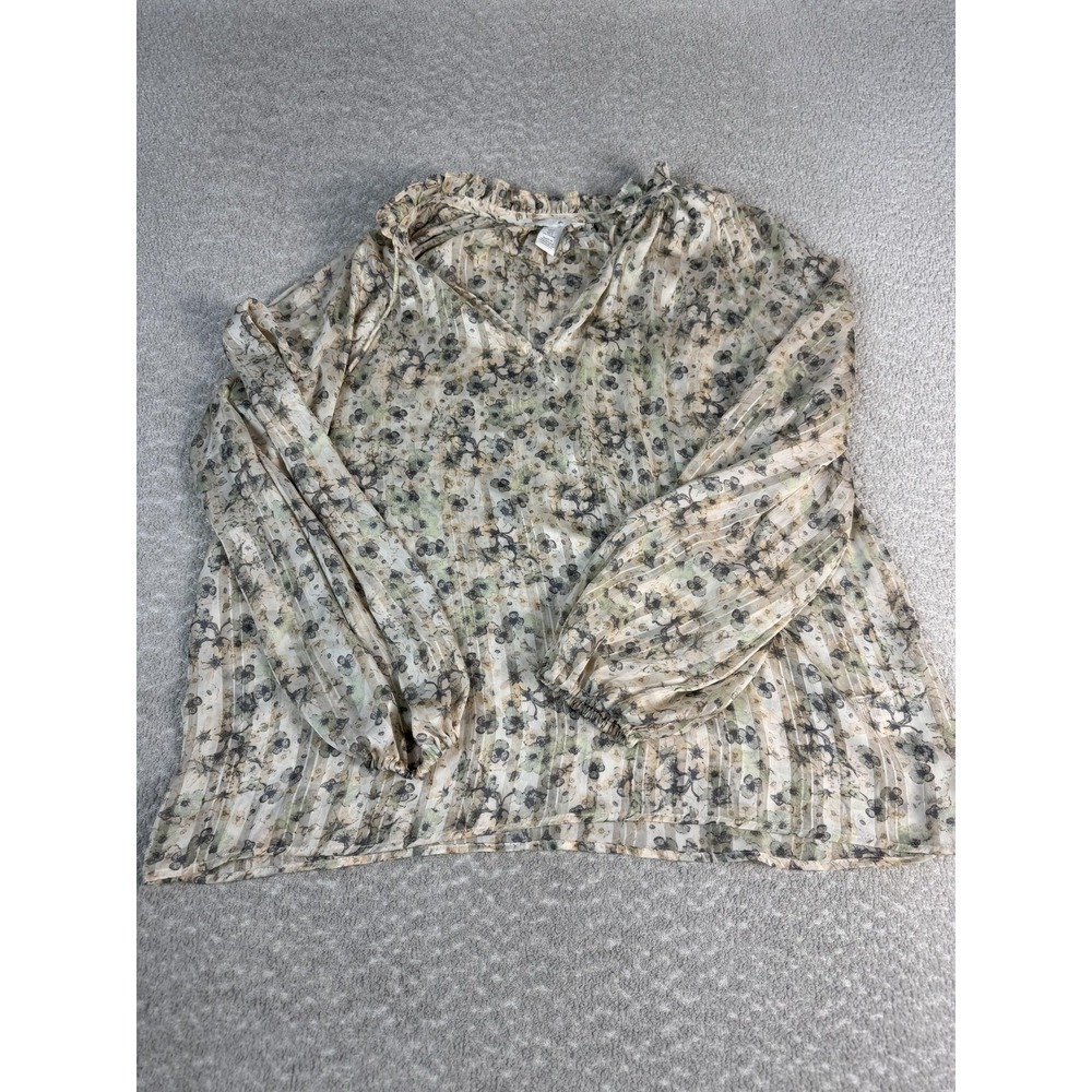 H&M Granola Blouse Womens M Multicolor Floral Fairy Core Sheer V Neck‎ Tunic Top